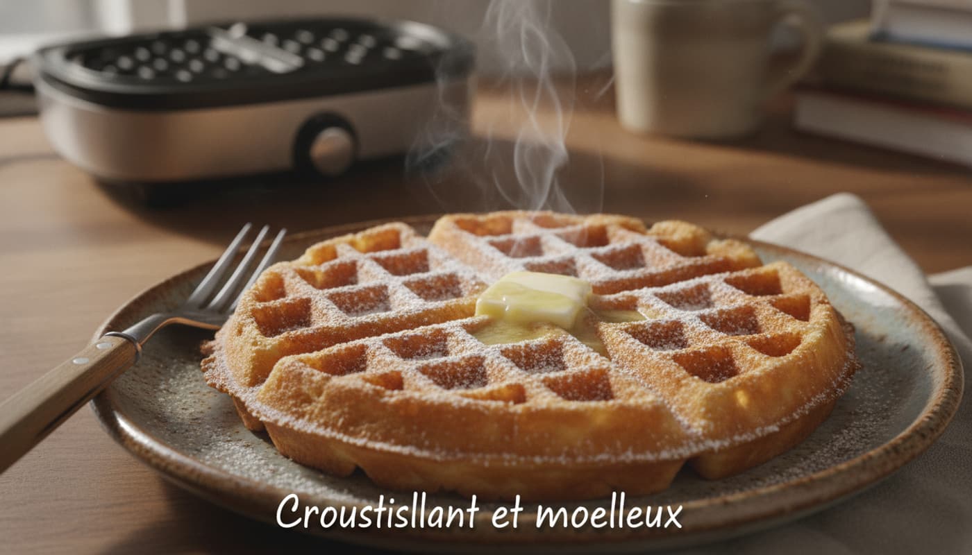 Gaufre belge croustillante saupoudrée de sucre glace avec du beurre fondant, posée sur une assiette rustique avec une fourchette, dans une cuisine éclairée par la lumière du matin, et un texte superposé en bas 'Croustillant et moelleux'.