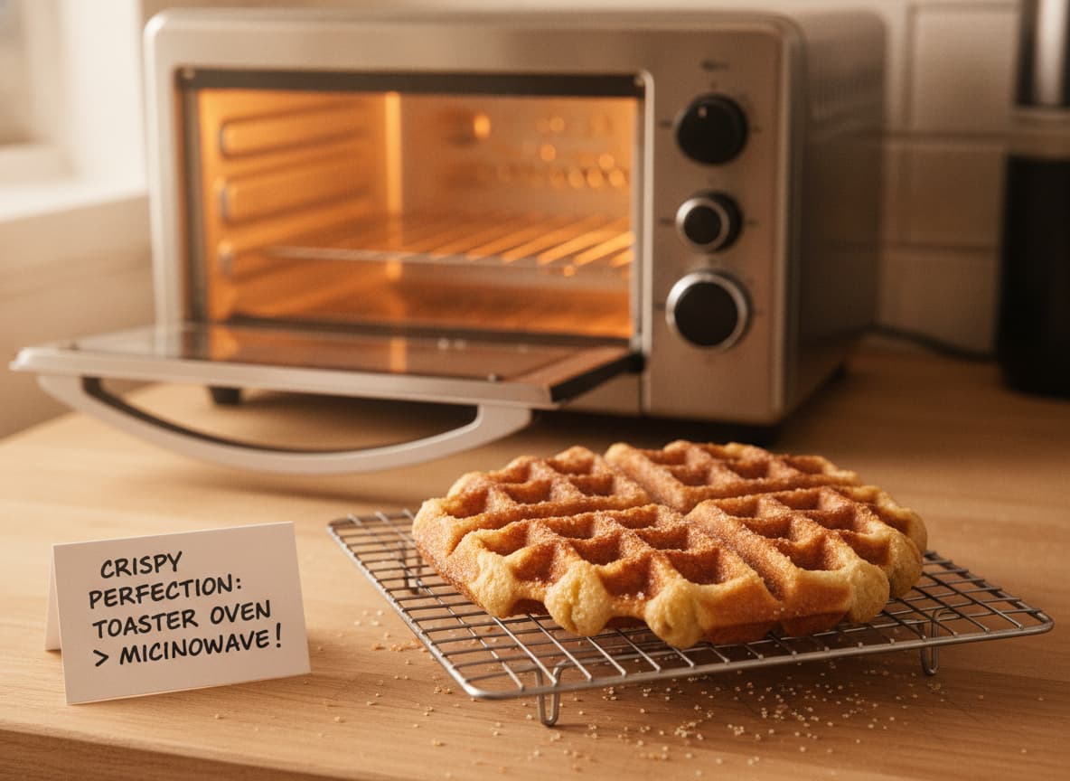 Une gaufre dorée posée sur une grille de refroidissement, avec un four grille-pain en arrière-plan dont la porte ouverte laisse voir une lueur orange.