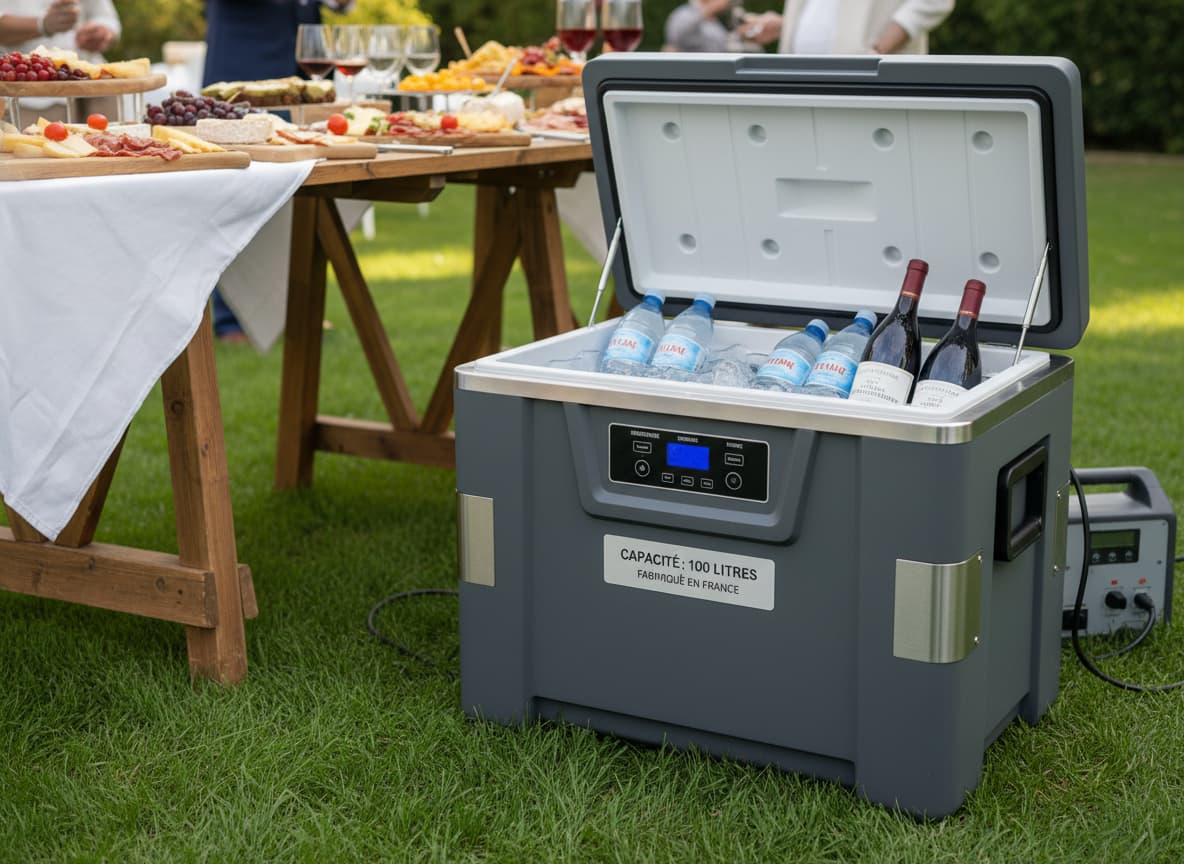 Glacière électrique grise de 100 litres, le couvercle entrouvert laisse voir des bouteilles d'eau et de vin, posée sur l'herbe près d'une table de buffet.