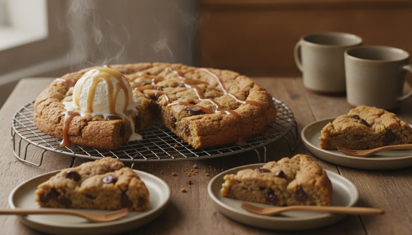 Un grand cookie cuit sur une grille, avec une boule de glace à la vanille fondante et du caramel coulant, des tranches servies dans des assiettes avec des fourchettes en bois.