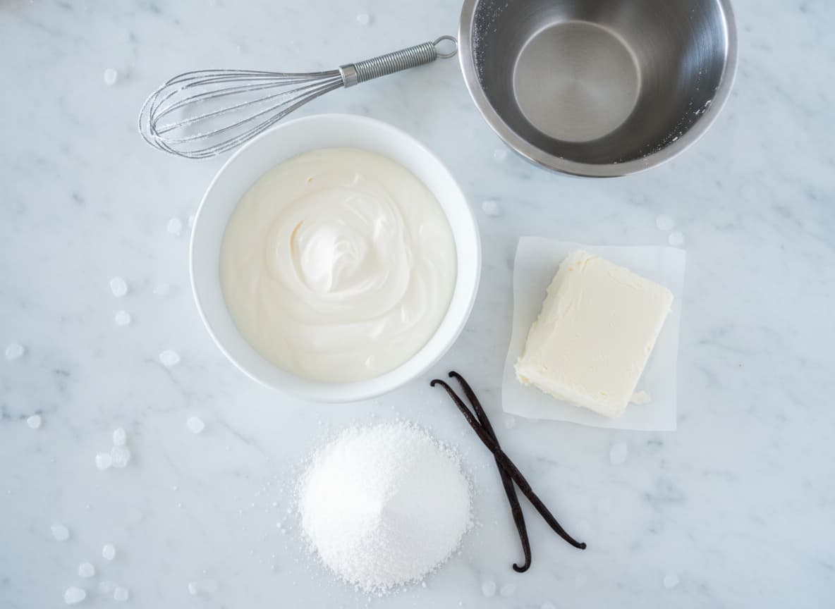 Flat lay composition on a light marble counter with a ceramic bowl of cold heavy cream, a block of mascarpone cheese, a small pile of powdered sugar, a vanilla bean, and a chilled whisk and metal bowl, with faint ice crystals visible.