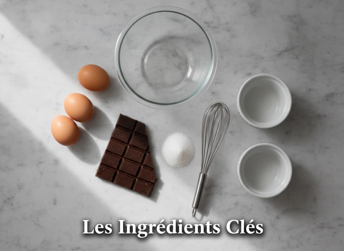 Composition à plat sur marbre gris texturé : morceaux de chocolat noir, œufs, sucre blanc, fouet en inox, saladier en verre et deux ramequins vides, avec le texte 'Les Ingrédients Clés' en superposition.