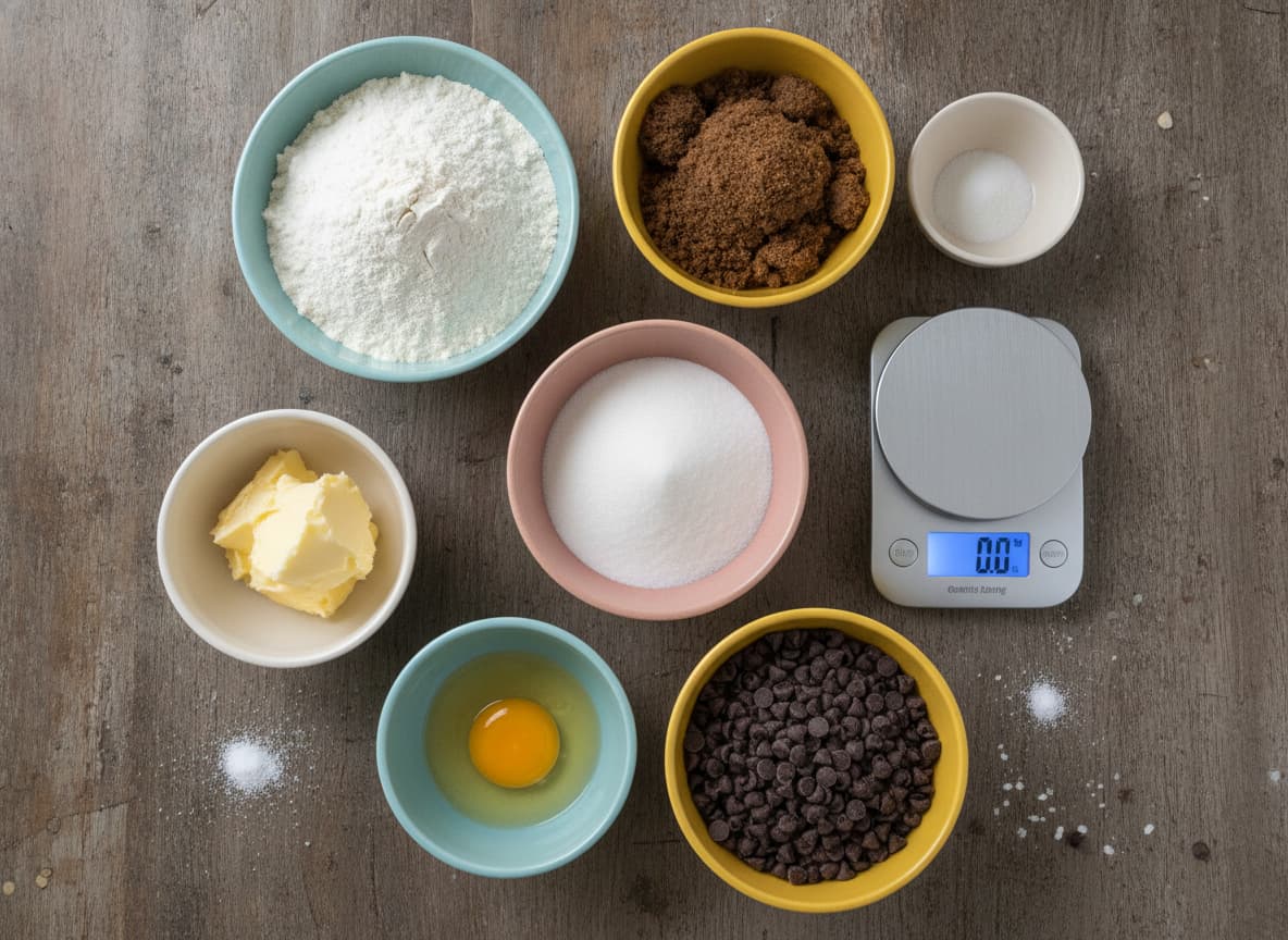 Ingrédients pour cookies géants dans des bols en céramique sur une table en bois rustique, avec une balance numérique visible, vue de dessus.