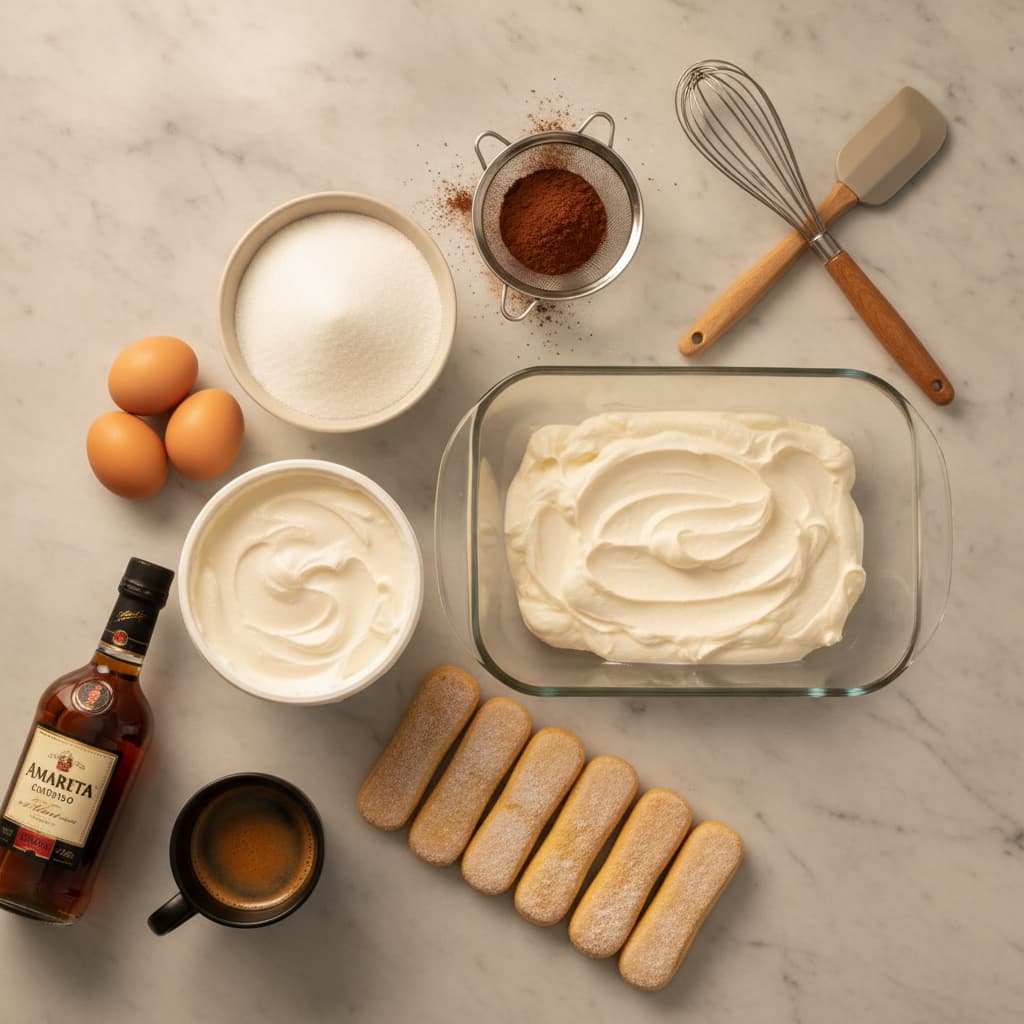 Vue de dessus d'ingrédients et ustensiles pour tiramisu sur une surface en marbre clair, comprenant trois œufs, un bol de sucre, un pot de mascarpone, des biscuits à la cuillère, une petite tasse d'espresso, du cacao en poudre dans un tamis, une bouteille d'amaretto, un fouet, une maryse et un plat rectangulaire en verre, avec un éclairage doux et chaud.