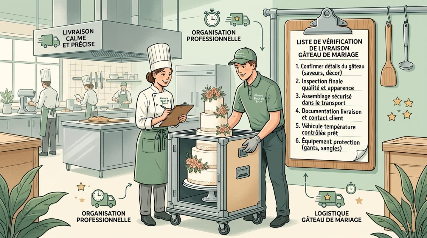 Un gâteau de mariage décoré posé sur un chariot, avec une checklist française sur un bloc-notes dans une cuisine professionnelle.