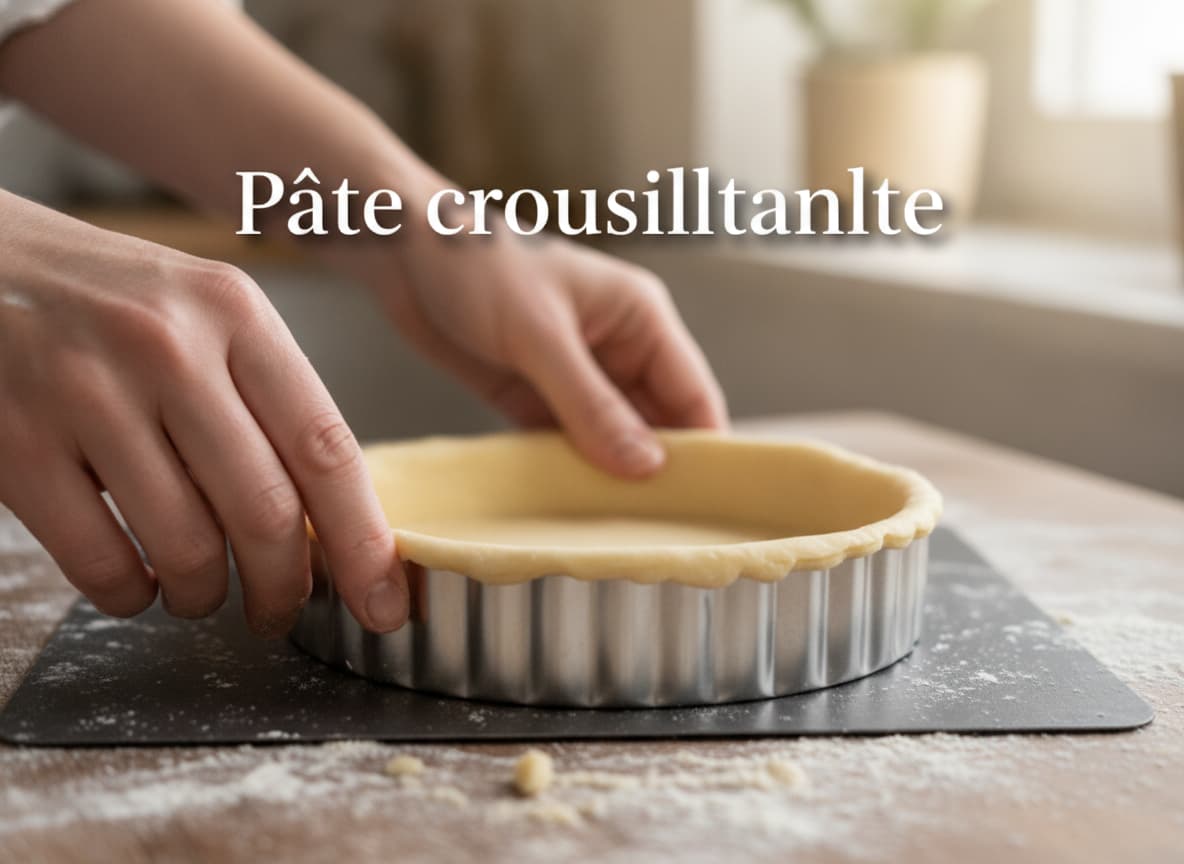 Mains pressant une pâte sablée dans un moule à tarte cannelé