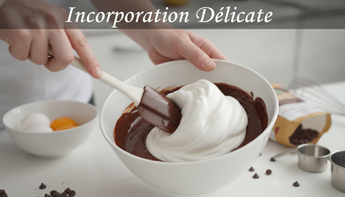 Mains d'un cuisinier pliant des blancs d'œufs mousseux dans du chocolat fondu à l'aide d'une spatule, avec un effet de flou de mouvement et le texte 'Incorporation Délicate' en superposition.