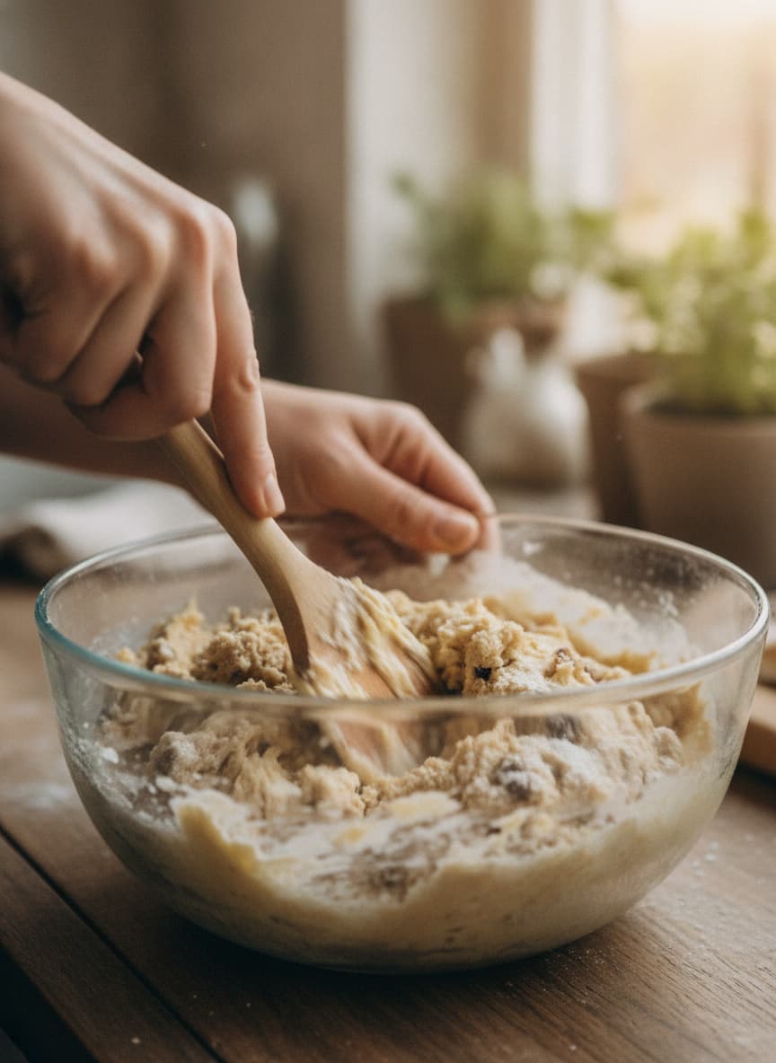 Des mains mélangent de la pâte à cookie dans un grand bol en verre avec une spatule en bois, la pâte présente des stries de beurre et sucre, un flou de mouvement sur la main, fond de cuisine chaleureux, lumière naturelle douce, faible profondeur de champ.