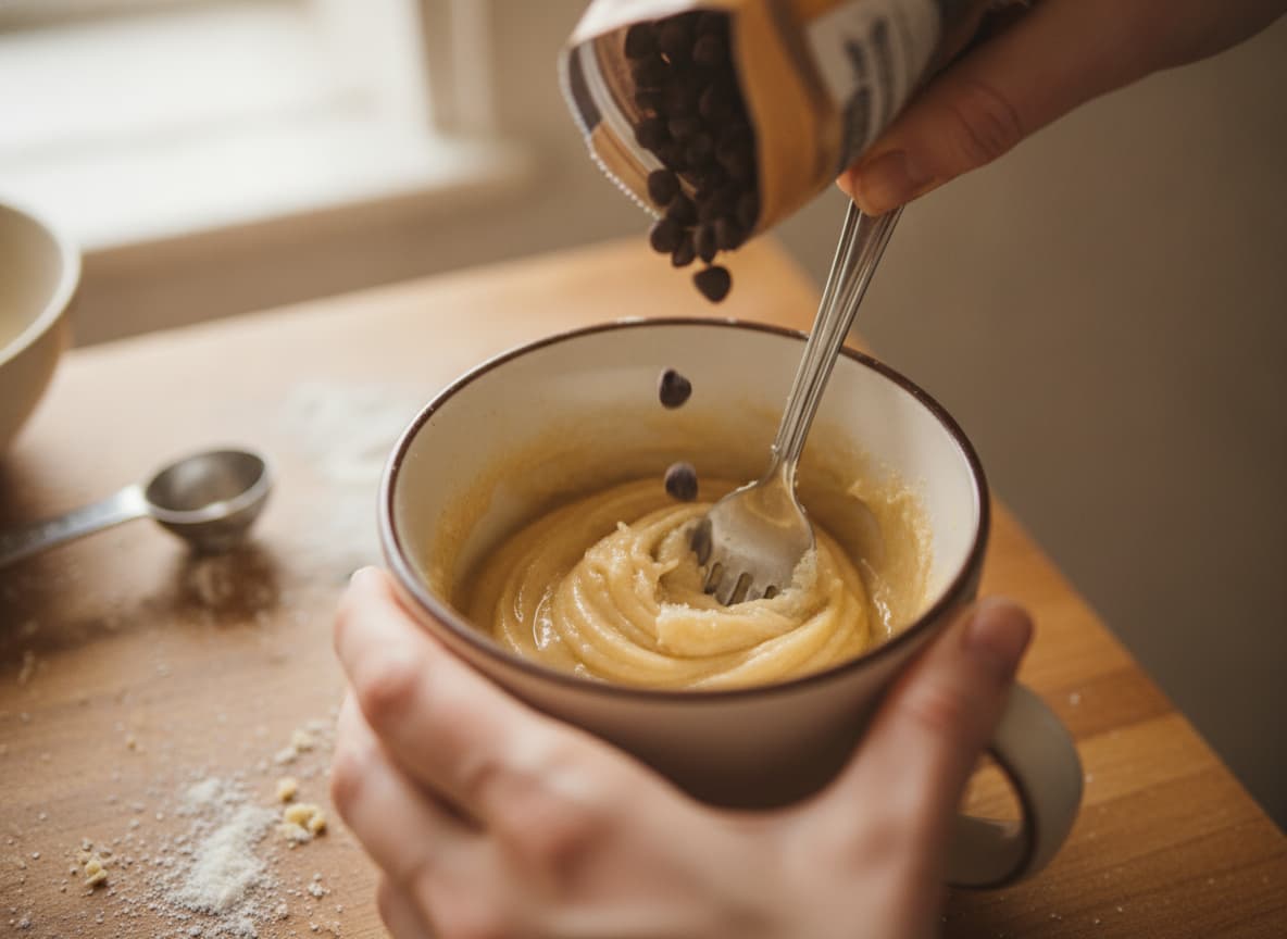 Mains mélangeant la pâte à cookies dans une tasse avec une fourchette, du beurre fondu et du sucre, des pépites de chocolat ajoutées.