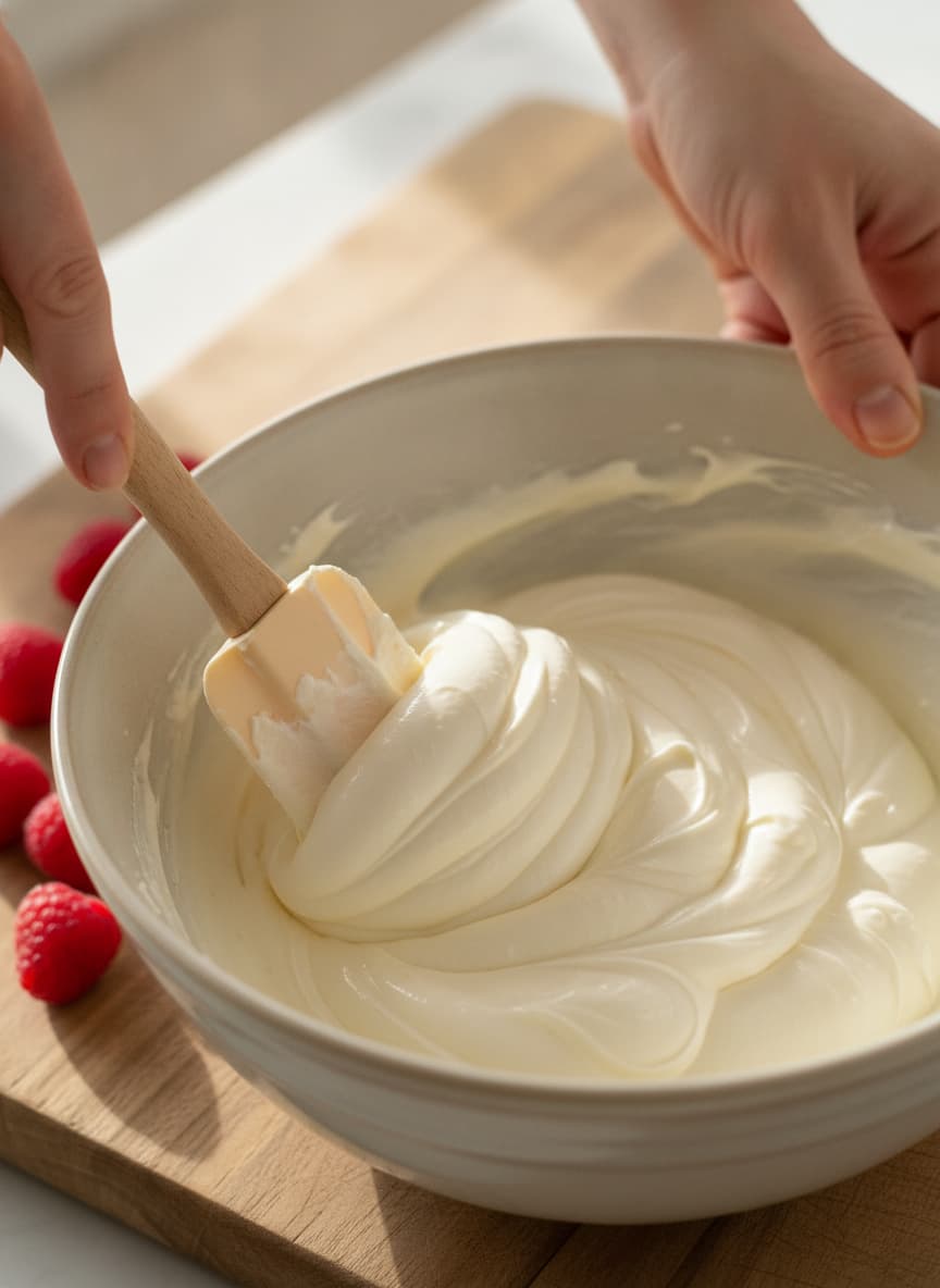 Mains de femme pliant du mascarpone dans de la crème semi-fouettée avec une spatule, sur une planche à découper en bois avec framboises fraîches en arrière-plan flou, lumière naturelle.