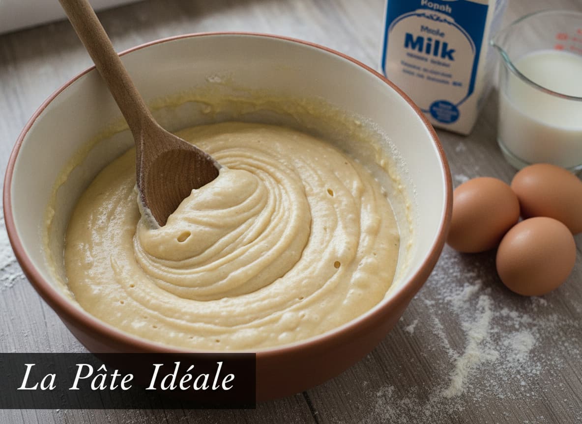 Bol à mélanger contenant une pâte à pancakes légèrement grumeleuse, remuée avec une cuillère en bois, avec des œufs, du lait et un verre doseur sur un plan de travail fariné, éclairé par la lumière naturelle latérale. Texte 'La Pâte Idéale' superposé en bas à gauche.