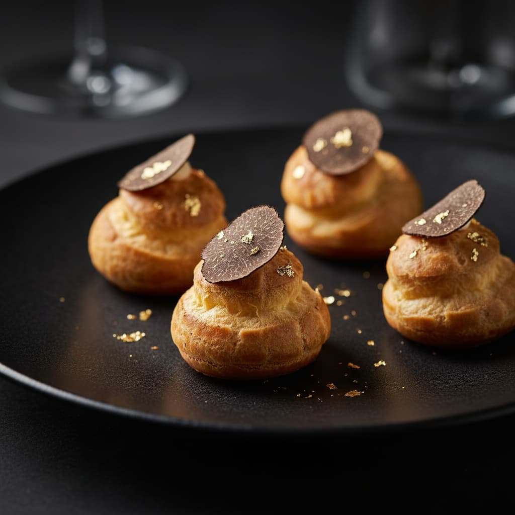 Savoureux mini-choux à la truffe, garnis d'une fine lamelle de truffe noire et de paillettes d'or, présentés sur une assiette noire design.