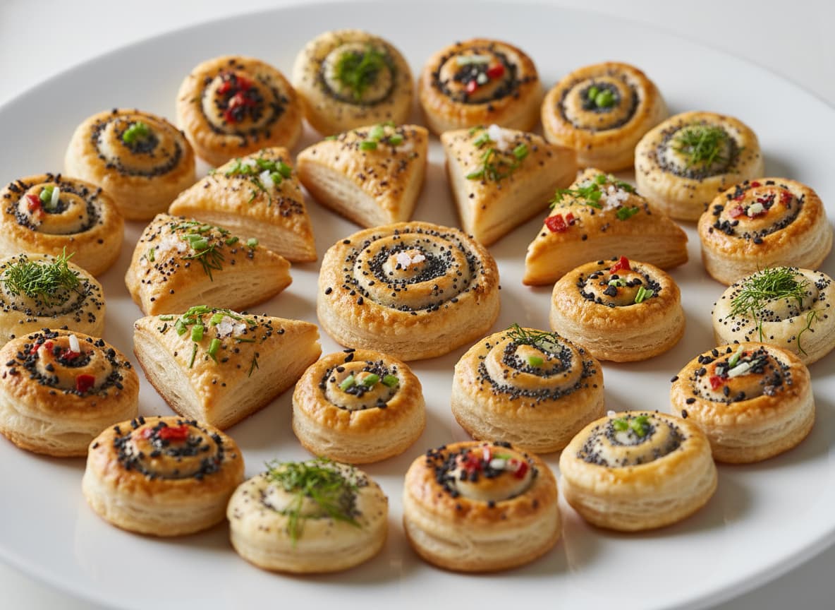 Assortiment de mini-croquants feuilletés aux garnitures variées présentés sur un plat en porcelaine blanche.