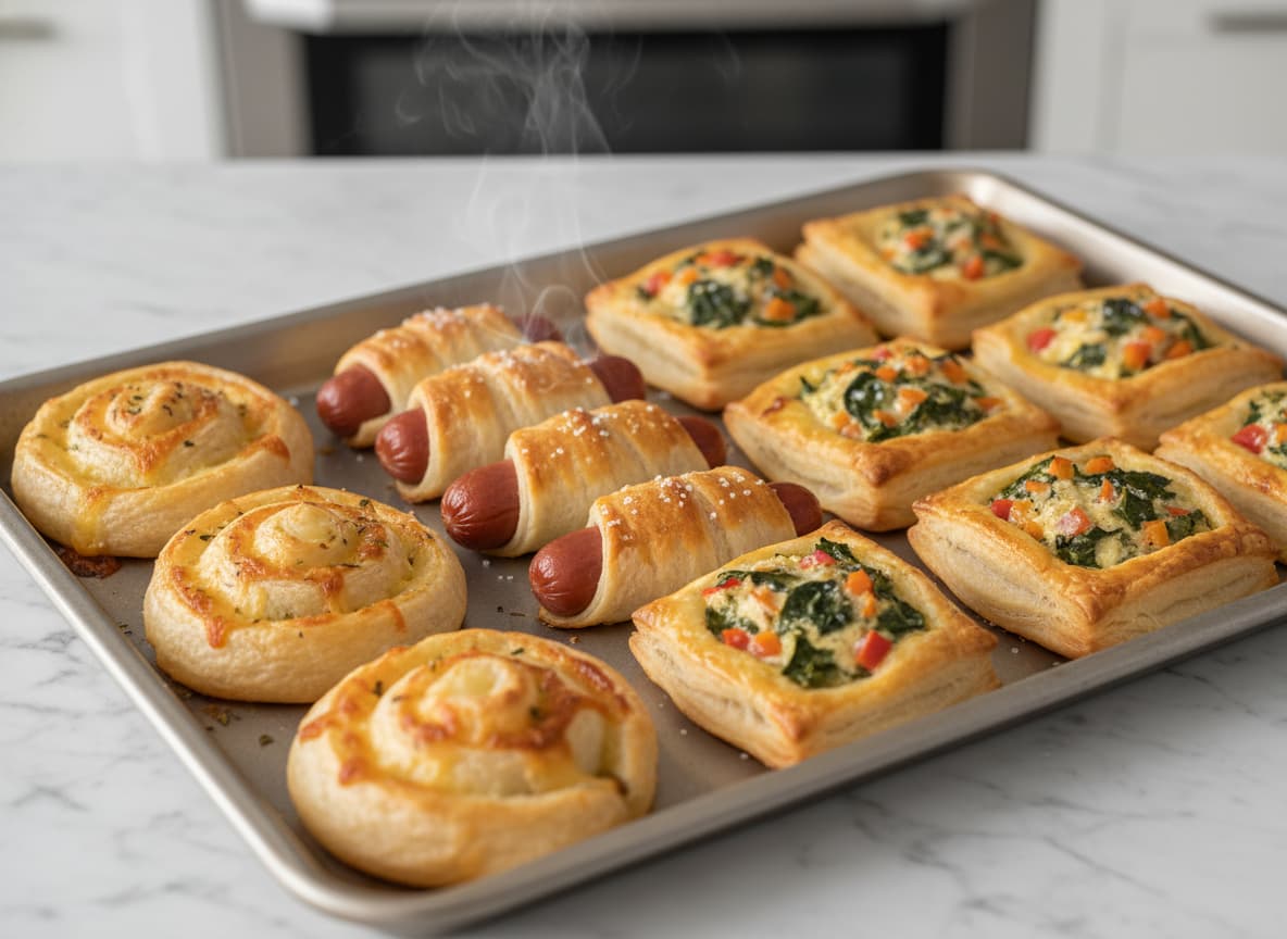 Plateau de mini-feuilletés dorés et brillants, incluant des mini-saucisses, des bâtonnets de fromage et des carrés aux légumes, posés sur un comptoir en marbre avec une légère vapeur visible.
