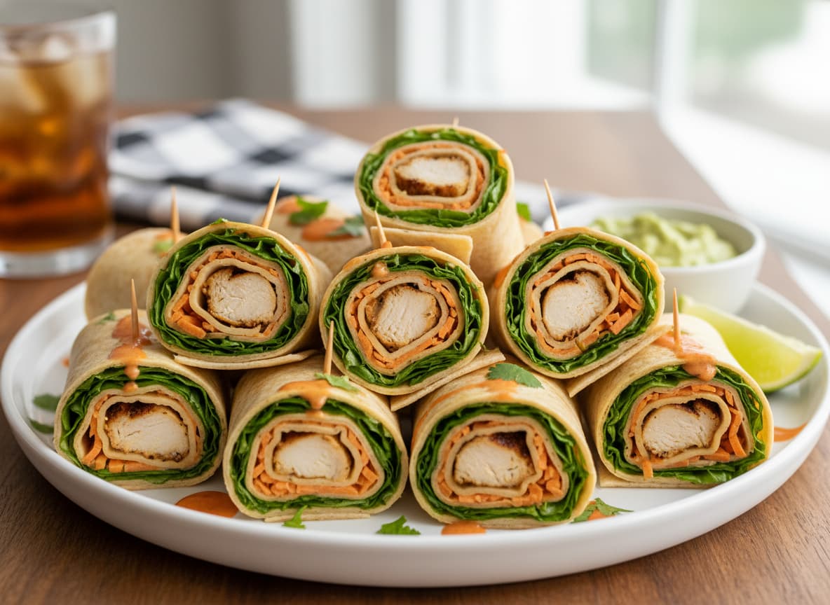 Une assiette de mini-wraps de volaille garnis de carottes râpées et de laitue, coupés en diagonale et maintenus par des cure-dents en bois.
