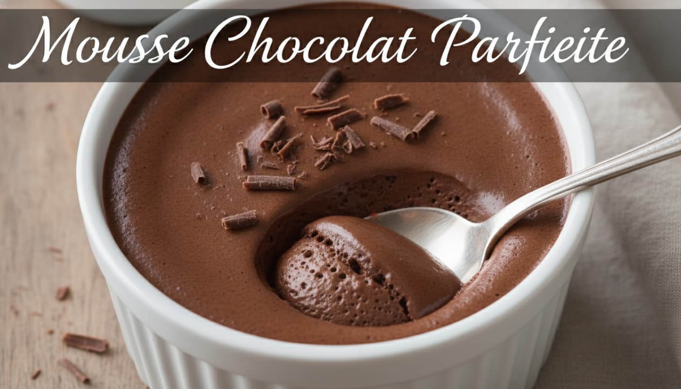 Vue de dessus d'une mousse au chocolat dans un ramequin blanc, avec des copeaux de chocolat et une cuillère brisant la surface, surmontée du texte 'Mousse Chocolat Parfaite'.