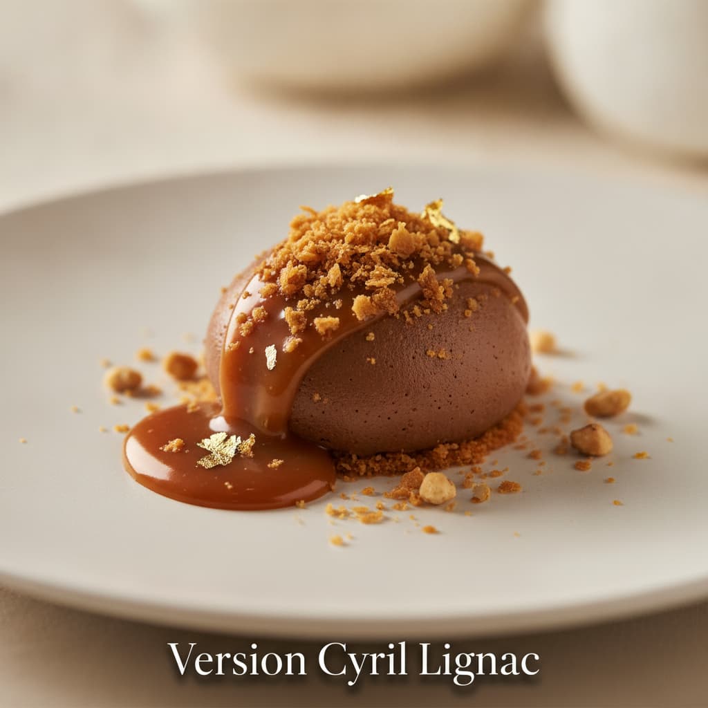Quenelle de mousse au chocolat sur une assiette blanche, nappée de caramel et saupoudrée de praliné feuilleté et de feuille d'or, avec quelques noisettes concassées, et le texte 'Version Cyril Lignac' en bas.