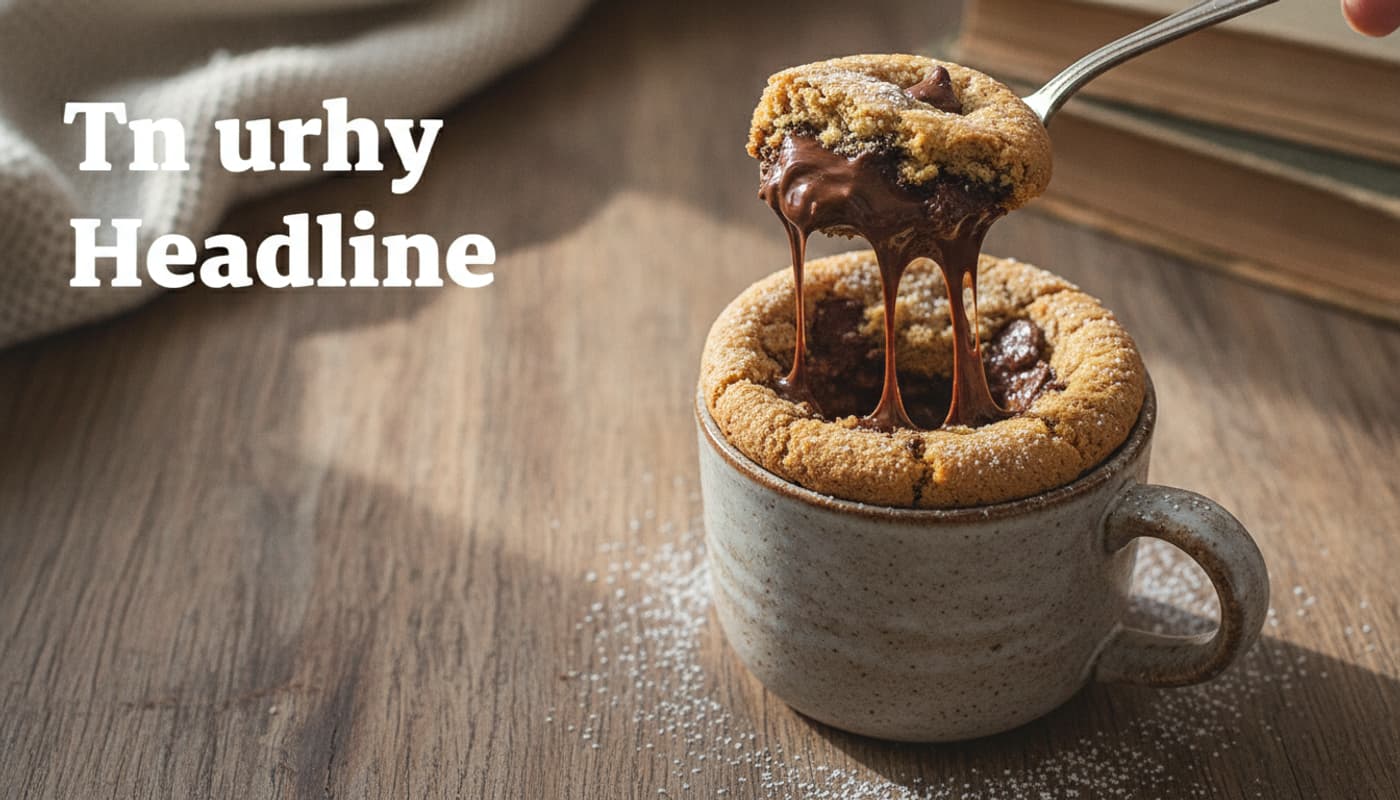 A spoon lifts a gooey bite from a chocolate chip mug cookie fresh from the microwave, with melted chocolate strands, on a rustic wood table in soft window light from an overhead angle.