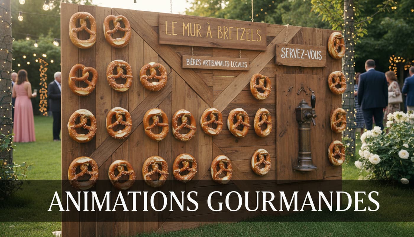 Mur en bois avec des bretzels dorés suspendus à des chevilles, un robinet à bière en libre-service rustique, dans un jardin de mariage tendance.