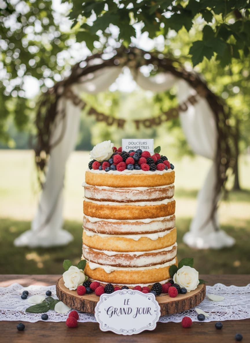 Gâteau nu romantique à plusieurs étages, garni de baies sauvages et de roses blanches, posé sur une table en bois dans un cadre champêtre avec un éclairage naturel.