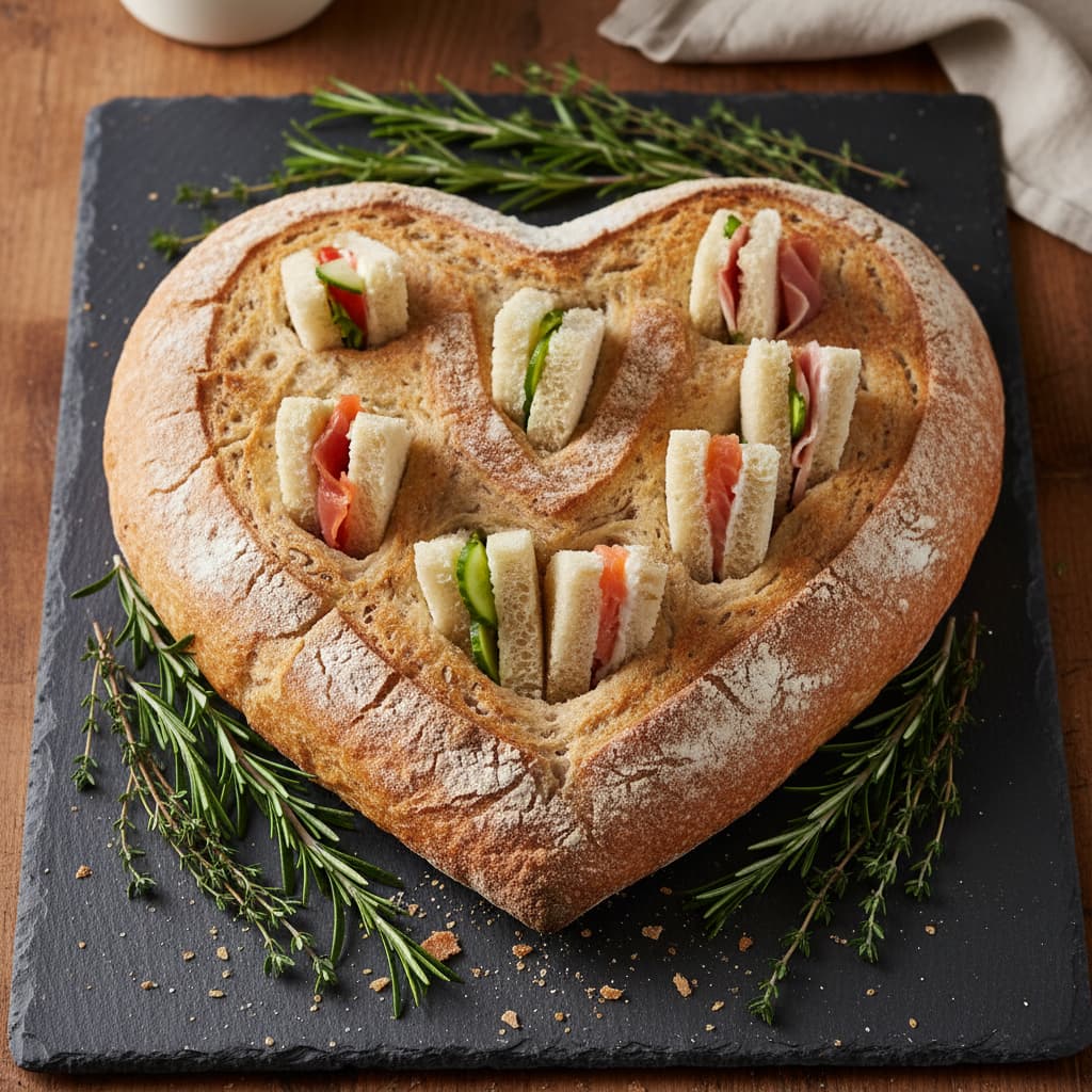 Pain surprise rustique en forme de cœur sur une ardoise sombre, avec des petits sandwichs triangulaires sortant de la croûte, décoré de brins de romarin et de thym, éclairé par une lumière naturelle chaleureuse.