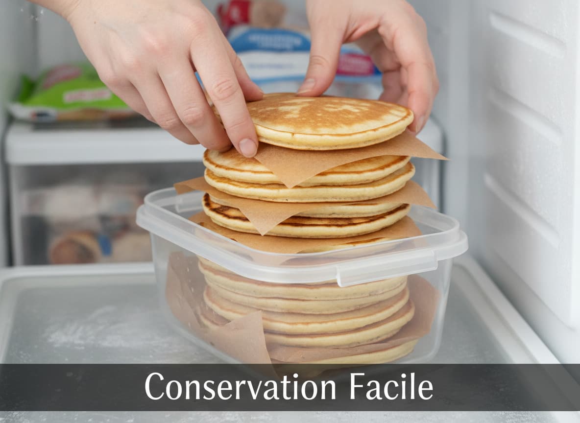 Un empilement de pancakes dorés séparés par des feuilles de papier sulfurisé est placé dans un contenant allant au congélateur, avec un arrière-plan de congélateur givré et un texte 'Conservation Facile' en superposition en bas au centre.