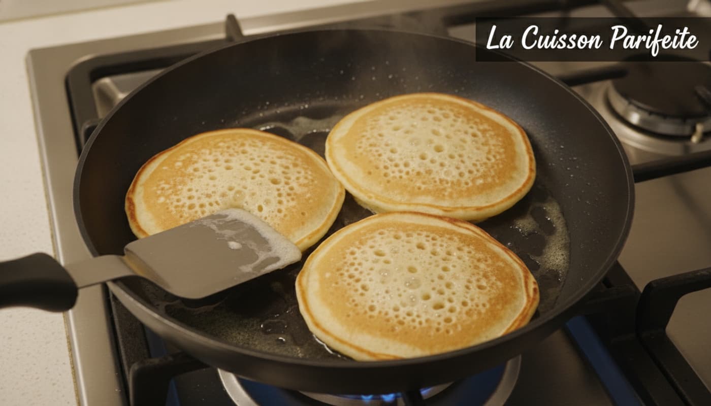 Vue de dessus d'une poêle antiadhésive sur une cuisinière avec trois pancakes en cuisson, des bulles apparaissent, une spatule prête à retourner une crêpe, et un léger voile de vapeur. Texte superposé 'La Cuisson Parfaite' en haut à droite.
