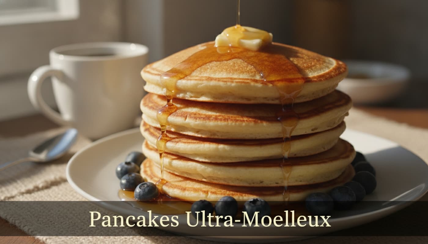 Une pile de pancakes dorés nappés de sirop d'érable et garnis de myrtilles et de beurre fondant, avec une tasse de café en arrière-plan, et le texte 'Pancakes Ultra-Moelleux' en superposition.