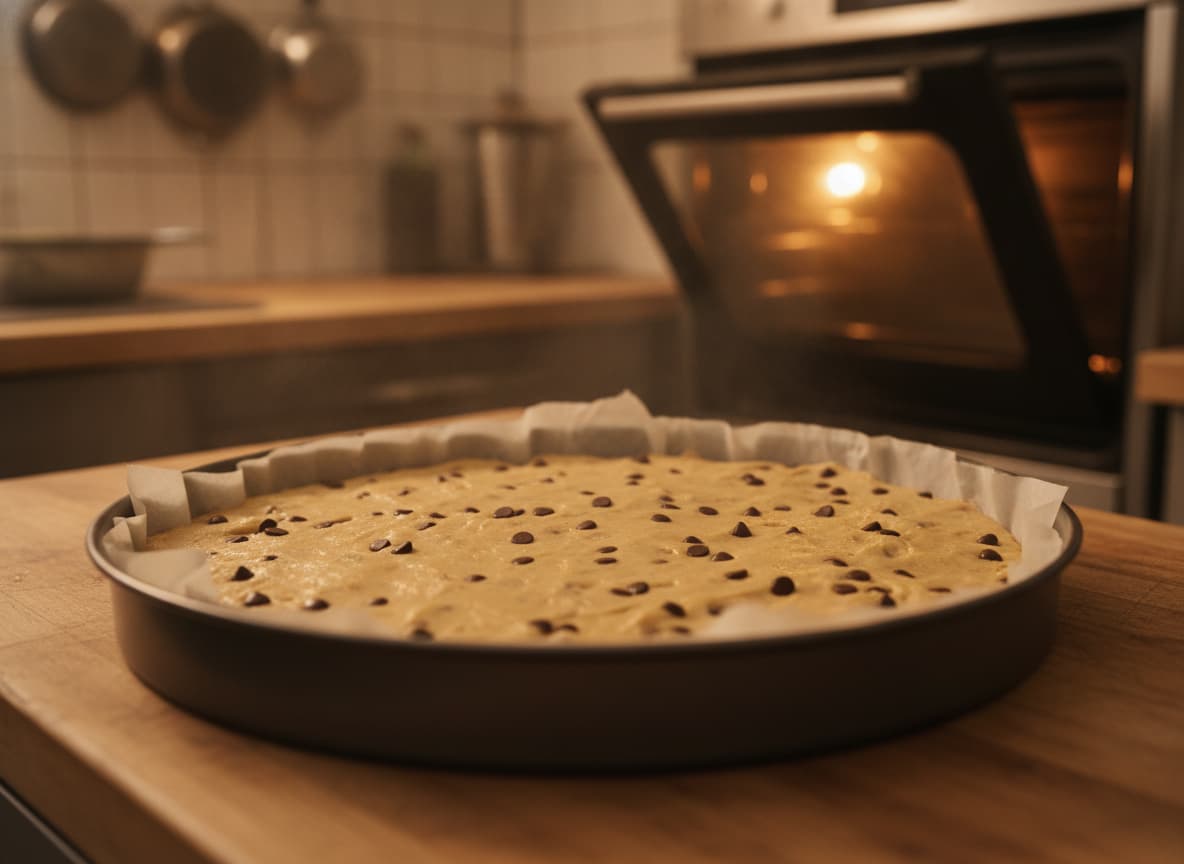 Pâte à cookie crue pressée en disque épais dans un moule rond, avec des pépites de chocolat, posée sur un plan de travail ; four entrouvert et lumineux en arrière-plan.