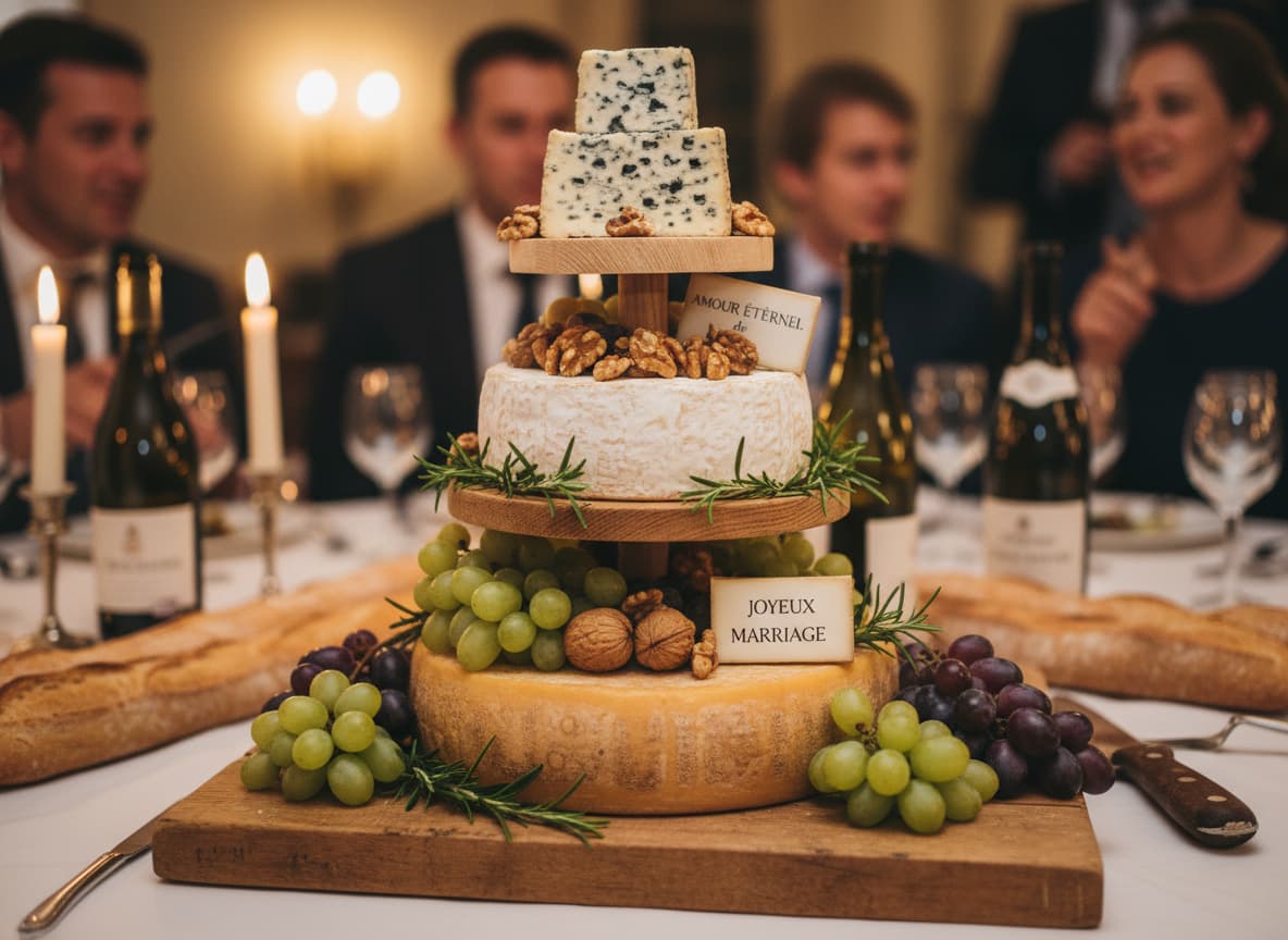 Une superposition de meules de fromage français (Brie, Comté, Roquefort) formant une pièce montée, garnie de raisins frais, de noix et de brins de romarin sur une planche en bois rustique.