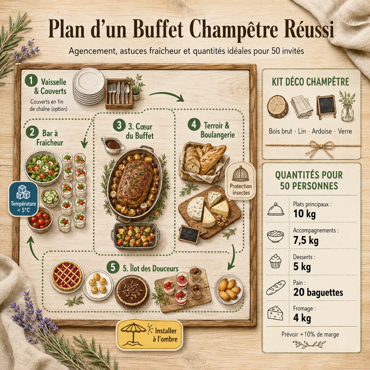 Infographie carrée en français montrant le plan d’un buffet champêtre avec cinq zones numérotées, des pastilles de fraîcheur et protection, un kit déco rustique et une liste de quantités pour 50 personnes.