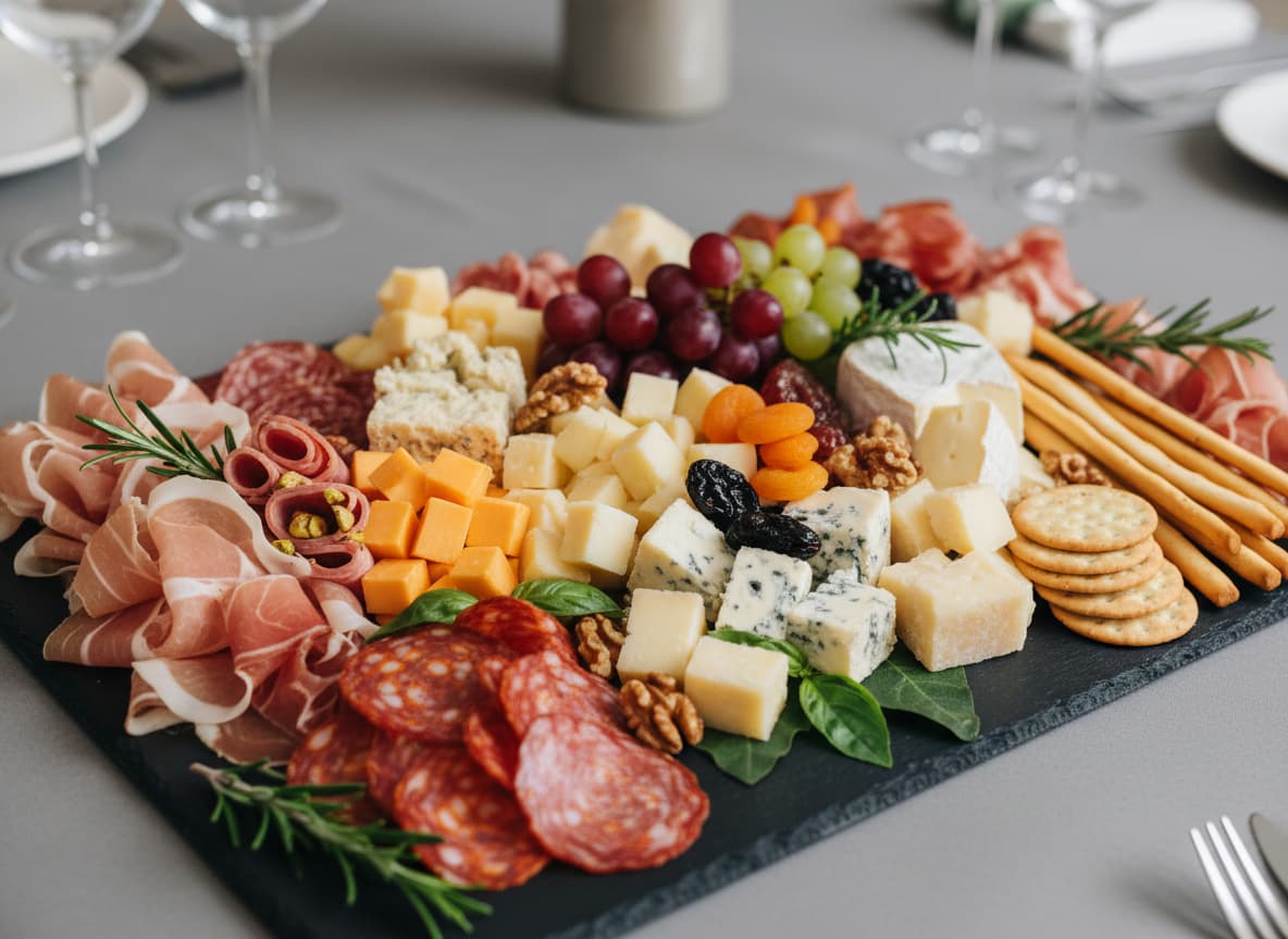 Plateau rectangulaire garni de tranches de jambon, de viandes et de fromages artisanaux, prêt à être servi lors d'un événement professionnel.
