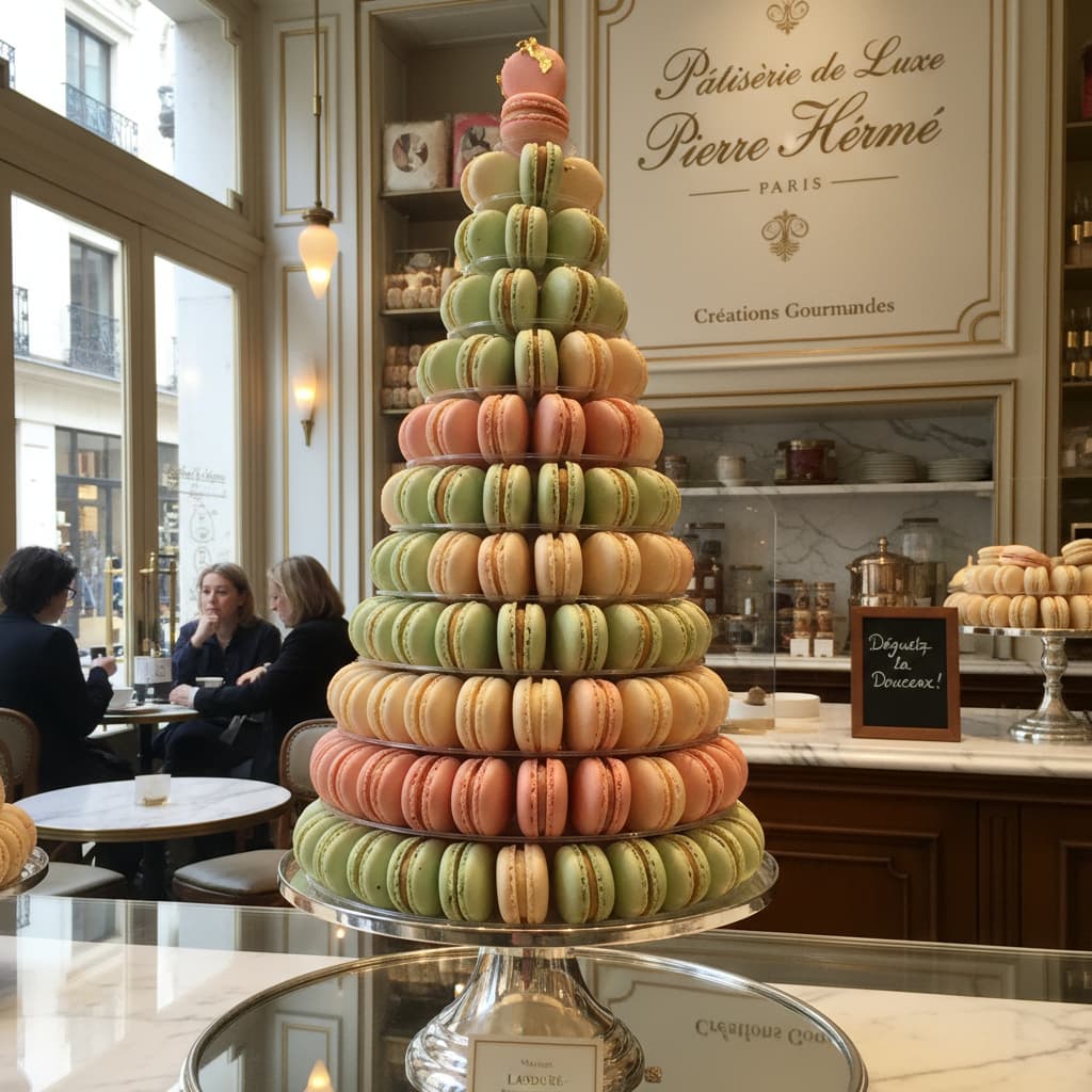 Pyramide de macarons aux couleurs pastel vert pistache, rose et vanille, dressée sur un cône haut avec un éclairage doux et aérien.