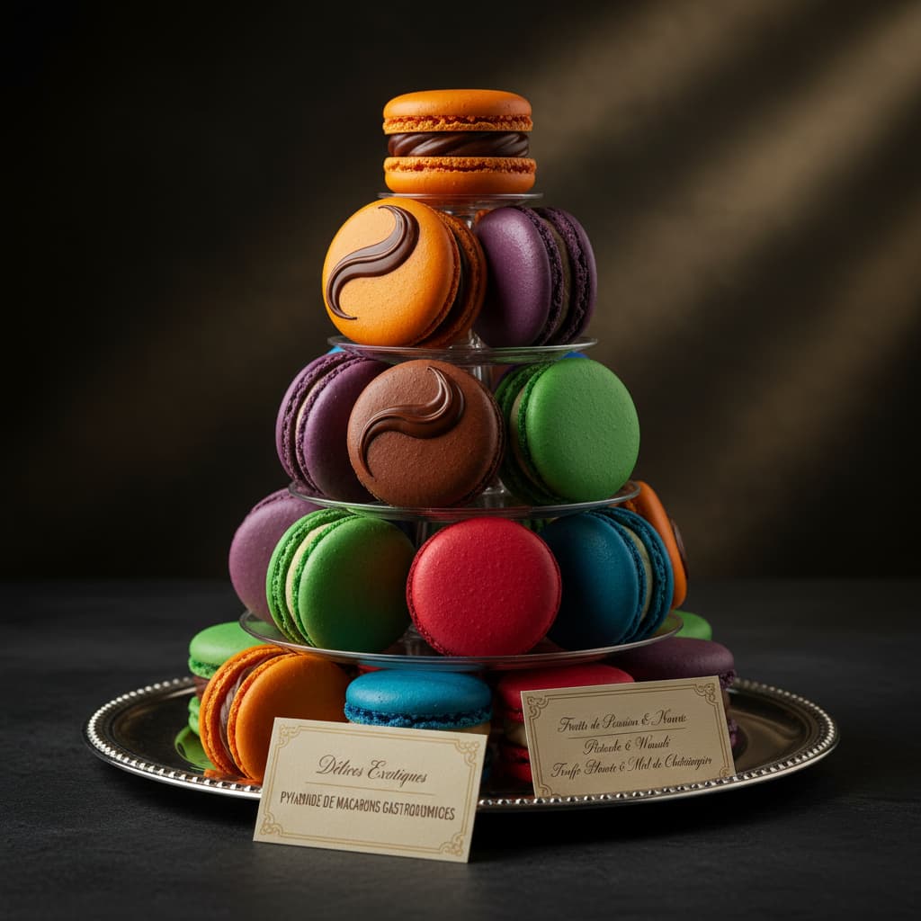 Une pyramide de macarons aux couleurs intenses et aux bords légèrement ondulés, mise en valeur par un éclairage dramatique.