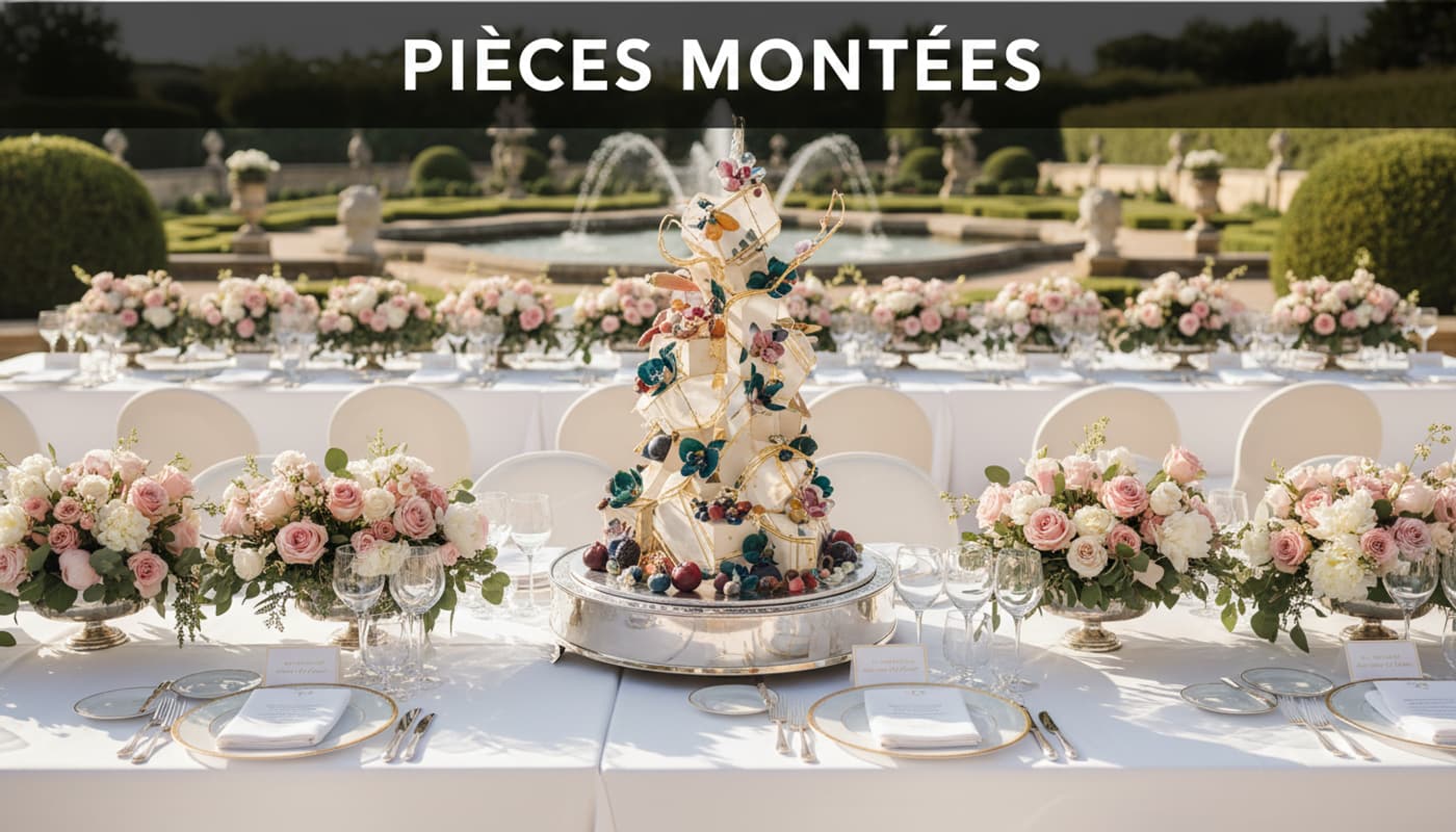 Table de réception de mariage élégante avec un gâteau pièce montée non conventionnel, des fleurs et de la verrerie cristal, et un texte superposé 'PIÈCES MONTÉES'.