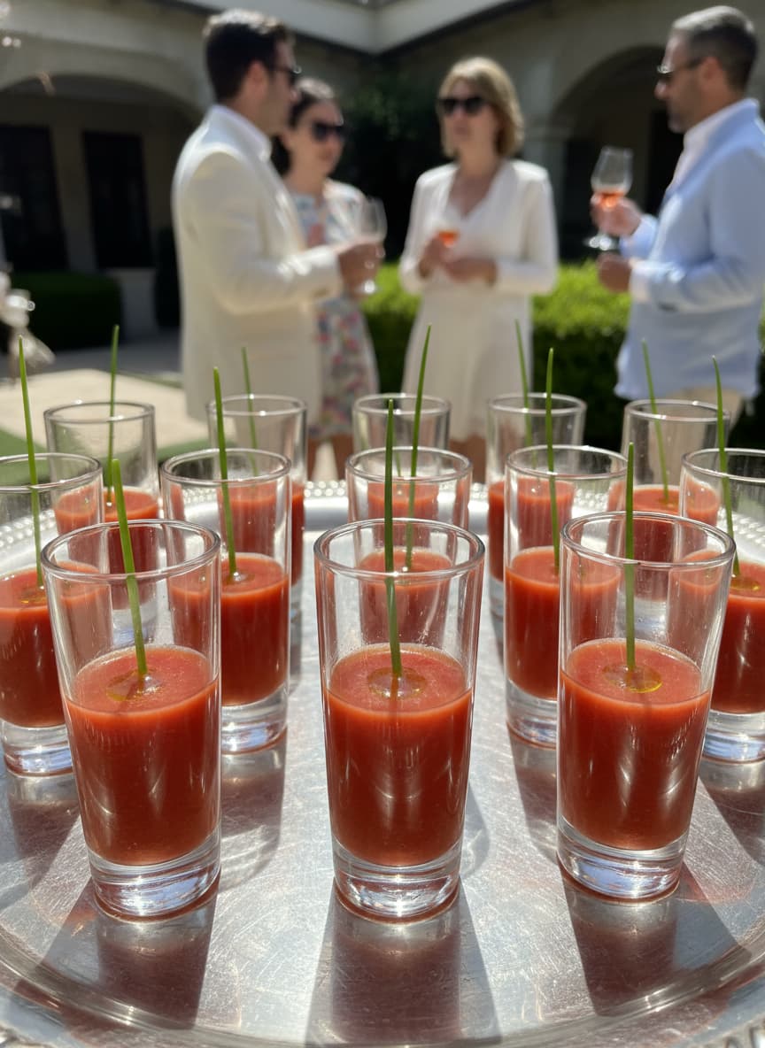 Rangées de verres à shot remplis de gaspacho rouge vif, décorés d'une ciboulette verte et d'une goutte d'huile d'olive, sur un plateau argenté en pleine lumière estivale.