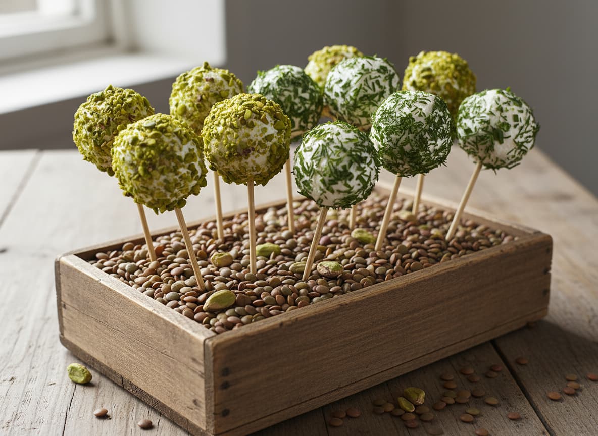 Boules de fromage de chèvre blanc sur des bâtonnets en bois, certaines enrobées de pistaches vert vif et d'autres d'herbes hachées, dressées dans un lit de lentilles dans une boîte en bois.
