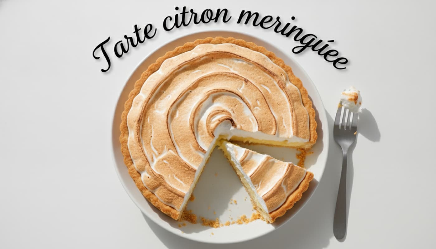 Tarte au citron meringuée dorée sur assiette blanche