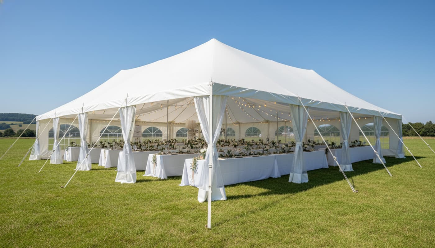 Tente blanche de réception de 5x10 mètres installée sur un champ vert, les côtés ouverts laissant voir des tables décorées à l'intérieur, sous un ciel bleu clair.