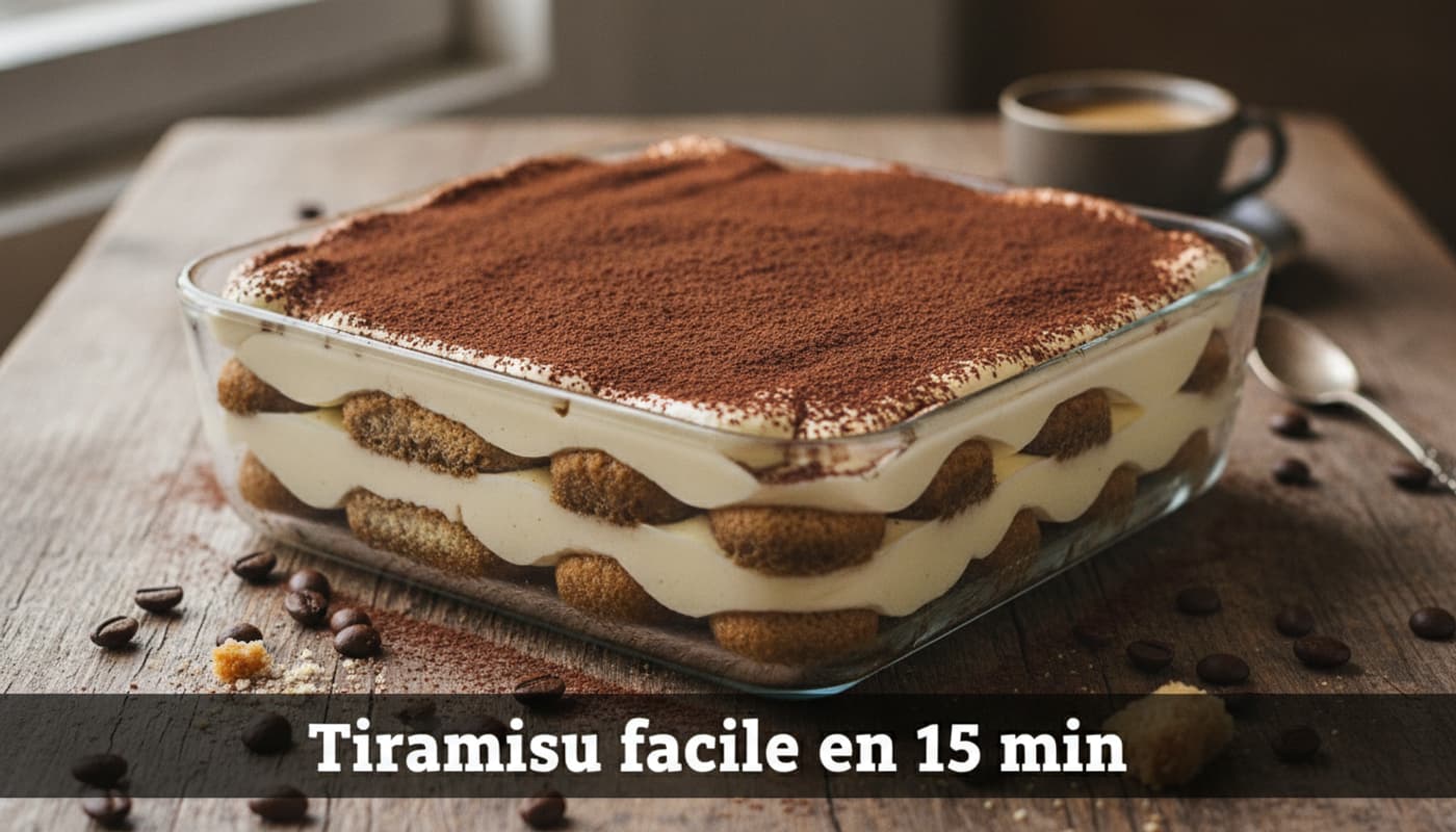 Tiramisu dans un plat en verre rectangulaire, généreusement saupoudré de cacao, posé sur une table en bois rustique avec des grains de café éparpillés, avec un texte superposé 'Tiramisu facile en 15 min' en bas.