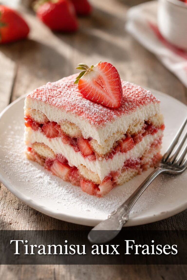 Une tranche de tiramisu aux fraises sur une assiette blanche, avec couches de biscuits et crème mascarpone, saupoudrée de sucre glace, sur un fond flou de table en bois avec une fourchette, et le texte superposé 'Tiramisu aux Fraises' en bas.