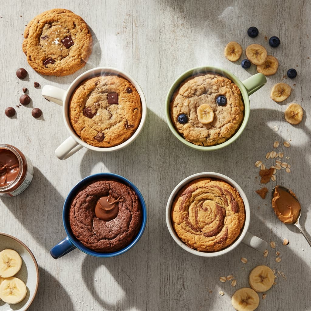 Vue du dessus de quatre tasses en céramique contenant différentes variétés de cookies sur une surface plane.