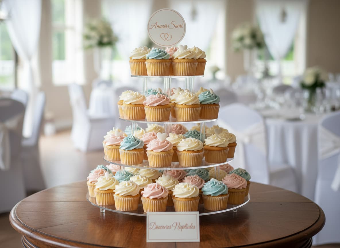 Tour à plusieurs niveaux en acrylique remplie de cupcakes décorés avec glaçage à la crème au beurre aux couleurs de mariage, perles et cœurs comestibles.