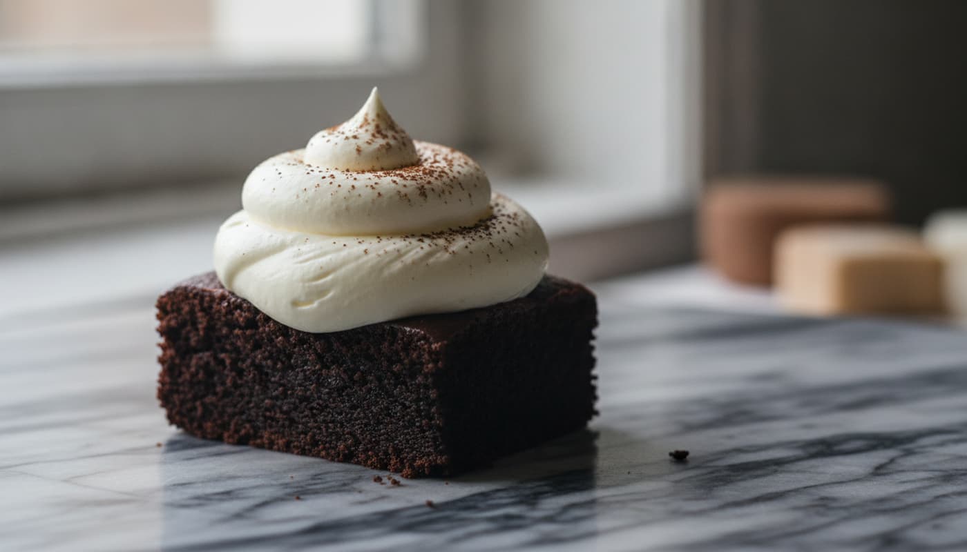 Une tranche de gâteau au chocolat avec une spirale de chantilly mascarpone sur une surface en marbre sombre, saupoudrée de cacao.