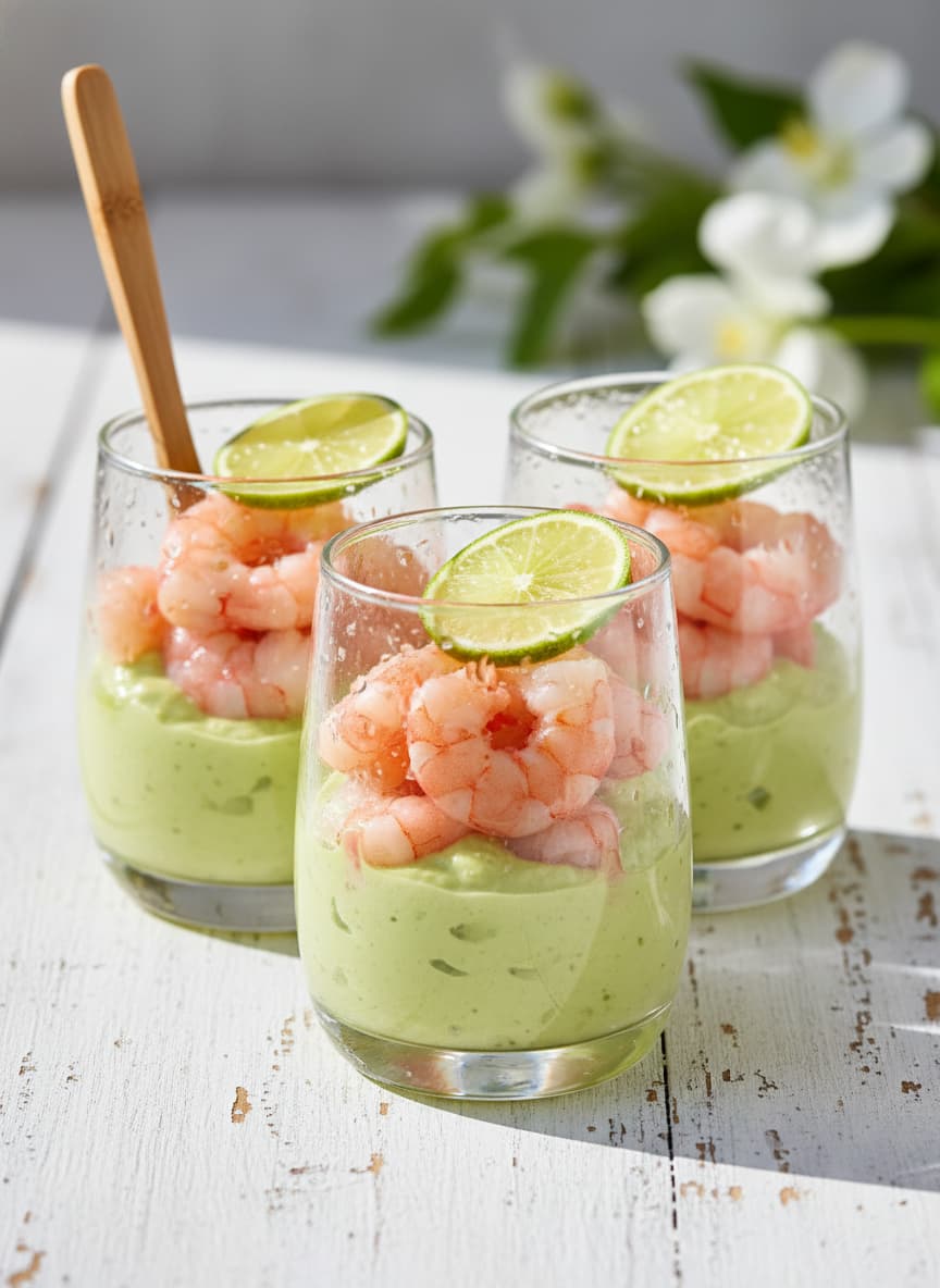 Trois petites verrines en verre superposant une mousse d'avocat verte, des crevettes roses et une tranche de citron vert, avec une petite cuillère en bambou dans l'une d'elles.