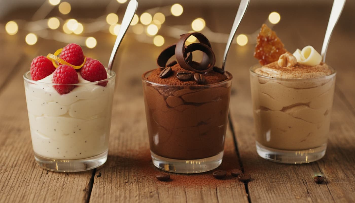 Trois verrines de mascarpone à la vanille, au cacao et au café, garnies de fruits et de copeaux de chocolat, sur une table en bois avec des lumières floues en arrière-plan.