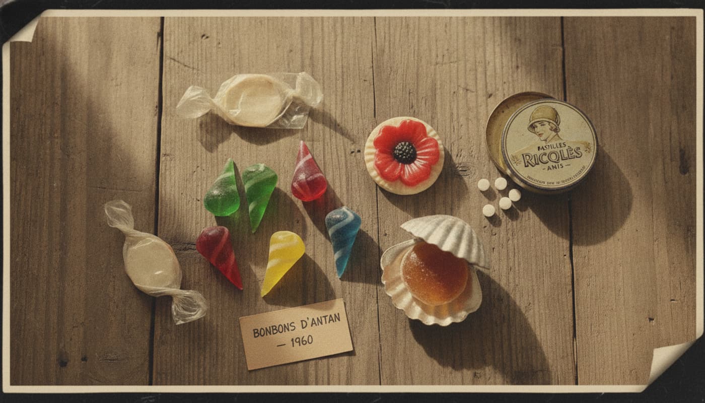 Assortiment de bonbons français vintage des années 1960 disposés en flat lay sur une table en bois rustique.