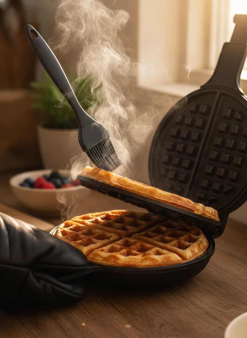 Close-up of a golden-brown waffle with a grid pattern cooking in a hot cast-iron waffle iron, steam rising dramatically, a hand holding a heat-proof brush about to close the iron.