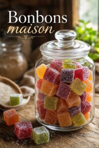 Bocal en verre rempli de bonbons gélifiés aux fruits faits maison, saupoudrés de sucre, posé sur une table en bois rustique sous une douce lumière naturelle, avec le texte 'Bonbons maison' en surimpression ombré.
