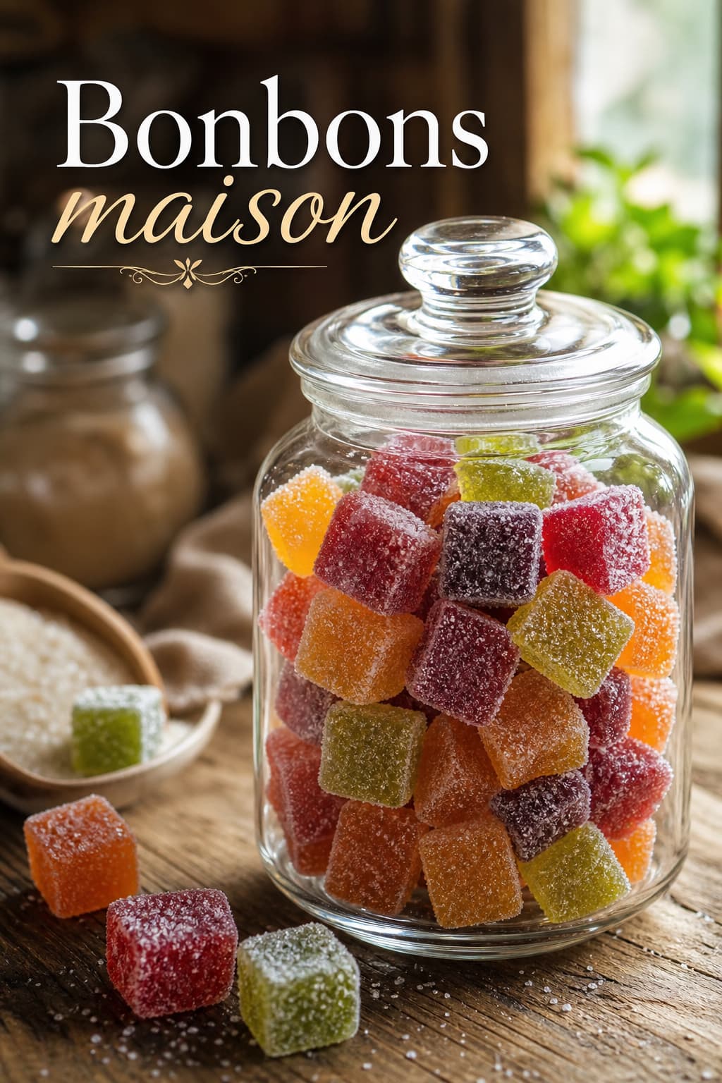 Bocal en verre rempli de bonbons gélifiés aux fruits faits maison, saupoudrés de sucre, posé sur une table en bois rustique sous une douce lumière naturelle, avec le texte